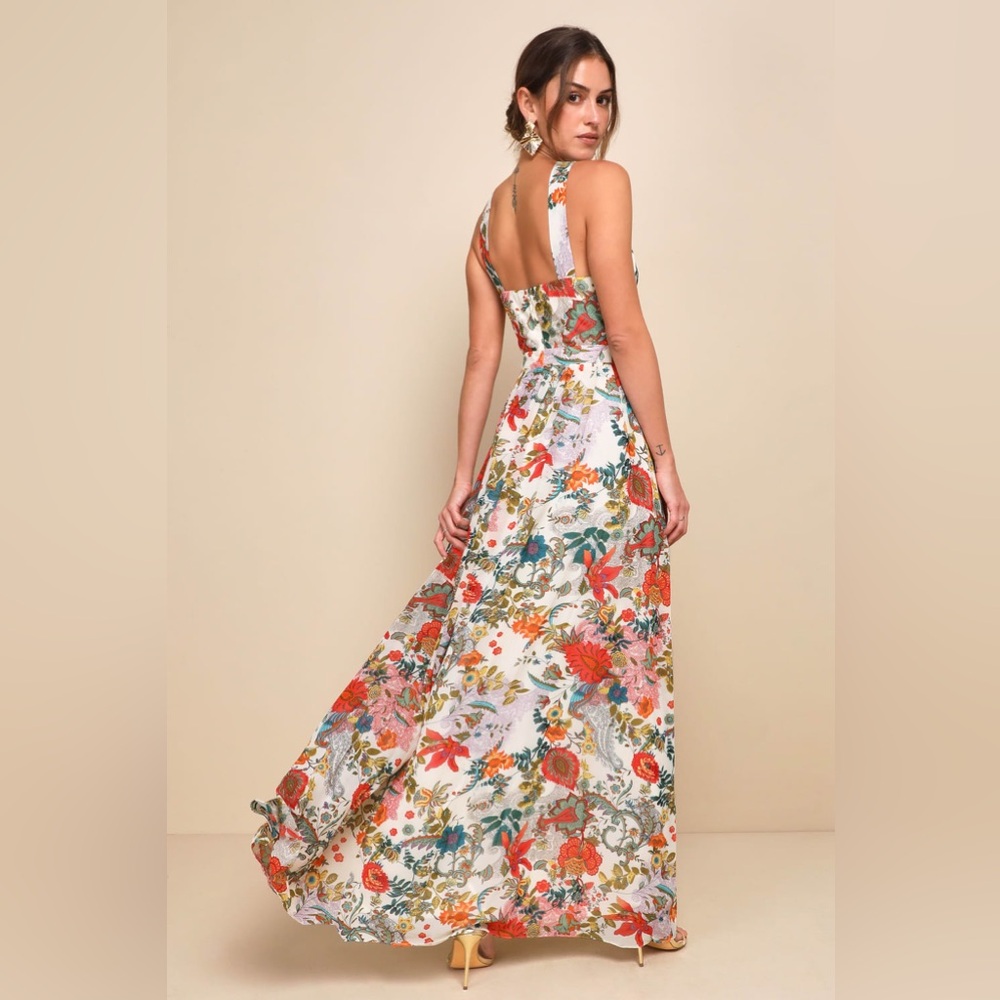 Lulu's White Floral Maxi Dress with Red & Green Accents - Picture 2 of 8